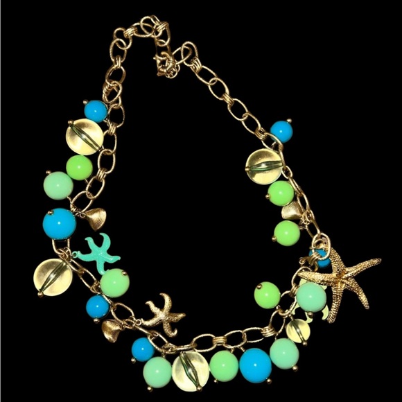 J Crew Bubble Chunky Starfish Green Blue Charm Gold Tone Adj. Necklace 30" - Picture 1 of 7
